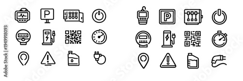 A set of 24 minimalist black line icons representing energy