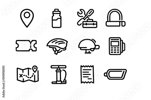 A set of twelve minimalist line icons representing bicycle rental and
