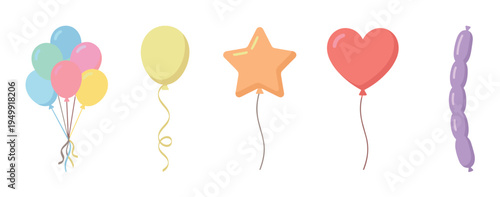 Set of colorful party balloons in a flat vector illustration style, featuring a bunch, single oval, star, heart, and long sausage shapes for festive celebrations