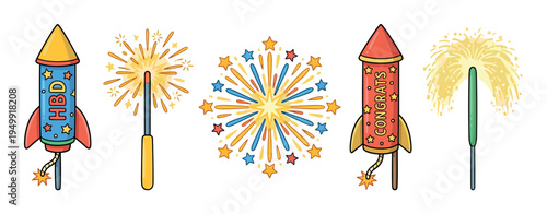 Colorful cartoon collection of festive fireworks with celebratory rockets, burning sparklers, and starbursts for a happy birthday party or congratulatory event