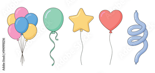 Colorful cartoon party balloons in various shapes including a bunch, star, heart, and spiral, a festive collection for celebration design elements