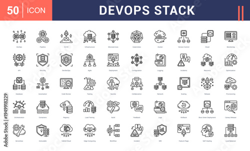 DevOps Stack Icon Set. devops, pipeline, ci/cd, infrastructure, microservices and more. Line Style vector icons collection.
