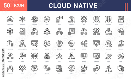 Cloud Native Icon Set. infrastructure, microservices, kubernetes, docker, cloud and more. Line Style vector icons collection.