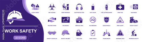 Work safety icon set. Containing alert siren, fire extinguisher, first aid, medical box, safety helmet, safety goggles, warning sign, task check and more. Solid fill vector icons collection.