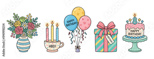 Cute collection of hand-drawn birthday celebration icons featuring a festive cake, present, balloons, flowers in a vase, and lit candles in a cup