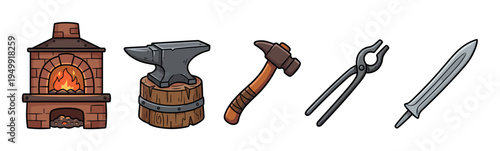 Set of hand-drawn blacksmith tools and equipment, including a brick forge, anvil, hammer, tongs, and a sword, presented in a row as a collection of cartoon vector icons