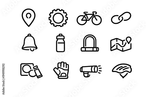 A set of twelve minimalist line icons representing bicycle equipment