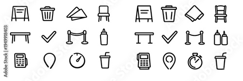 A collection of minimalist black and white line icons representing