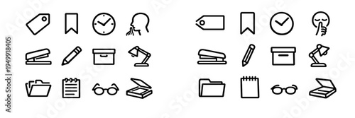 A collection of minimalist black line icons for office and