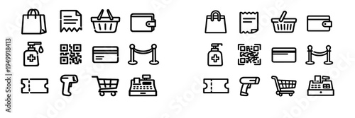 A collection of retail and shopping line icons featuring a shopping
