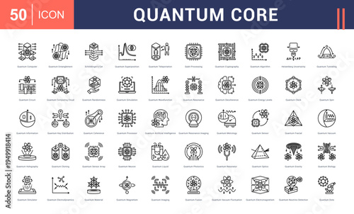Quantum Core Icon Set. quantum computer, entanglement, schrodingers cat, super position, teleportation and more. Line Style vector icons collection.