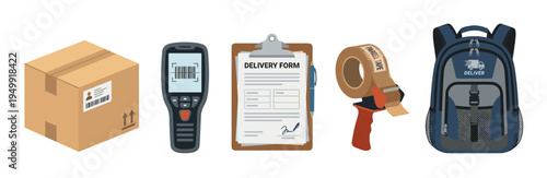 Delivery service and logistics icon set with a cardboard box, barcode scanner, clipboard, packing tape, and courier backpack for shipping and distribution concepts