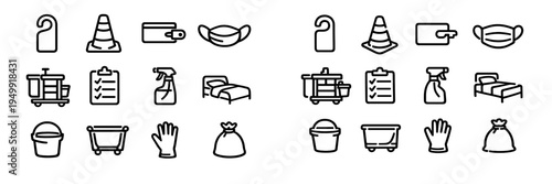 A set of minimalist line icons representing housekeeping and cleaning