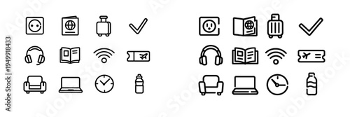 A collection of minimalist black line icons representing travel and