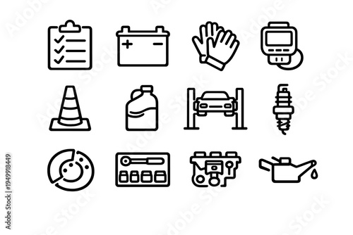 A collection of twelve minimalist black line icons representing