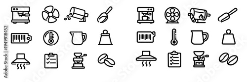 A comprehensive set of black and white line icons representing coffee