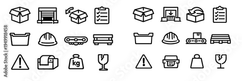 A collection of minimalist black line icons representing warehouse