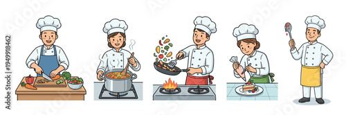 Collection of cute cartoon chef characters in uniform demonstrating different cooking skills like chopping vegetables, stirring soup, stir-frying, and decorating a cake