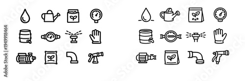 A collection of hand-drawn gardening and irrigation icons in a