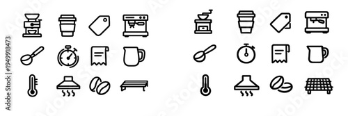 A comprehensive set of coffee shop and barista equipment icons in a