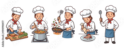 Set of five cartoon chef characters cooking, chopping vegetables, stirring soup, frying food, and decorating a cake in a cute illustrative style