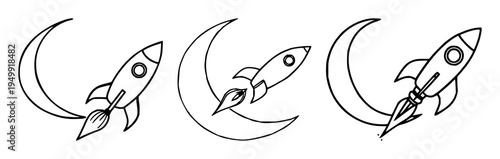 Rocket ship set with doodle style illustration of a rocket flying past a crescent moon featuring space adventure, white background, black line art with minimalist and playful