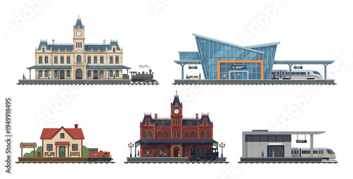 Collection of various train stations showing the evolution of railway architecture from vintage steam locomotives to modern high-speed trains in a flat vector illustration set