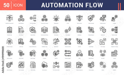 Automation Flow Icon Set. workflow automation, build pipeline, test automation, continuous testing, deployment and more. Line Style vector icons collection.
