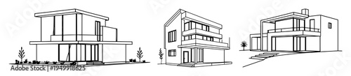 Modern house set with continuous line art drawing style featuring architecture, building, model with vector illustration and white background