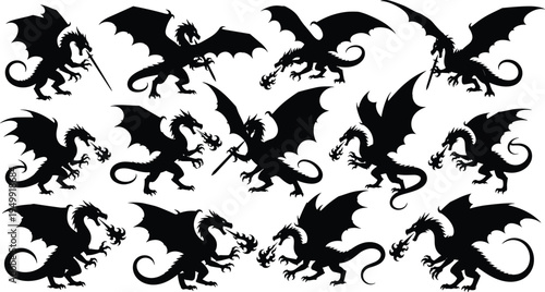 Dragon Silhouette Fantasy Vector Set with Fire Breathing Winged Creatures, Mythical Monsters and Epic Beast Shadows