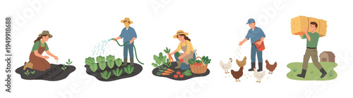 Set of farming activity illustrations showing people planting seeds, watering crops, harvesting vegetables, feeding chickens, and carrying hay in a simple flat vector cartoon style