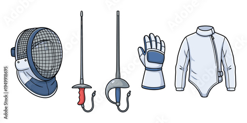 Fencing sport equipment collection including a protective mask, foil and épée swords, a white glove, and a jacket, presented in a simple, hand-drawn cartoon illustration
