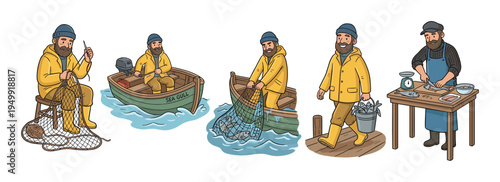 Cartoon fisherman character work process illustration set showing the stages of mending a net, sailing a boat, catching fish, carrying the haul, and cleaning the fresh catch