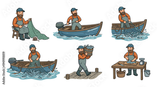 Set of six cartoon fisherman illustrations showing the complete fishing process from mending a net and sailing a boat to catching, carrying, and cleaning the fresh fish