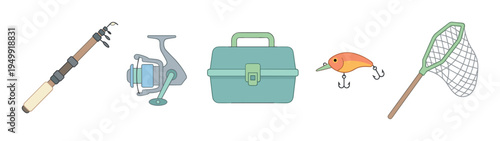 Set of cartoon fishing equipment including a rod, reel, tackle box, lure, and net arranged horizontally in a simple, flat illustrative style for hobby concepts