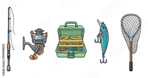 Set of colorful cartoon fishing equipment including a rod, reel, tackle box, lure, and landing net in a detailed illustrated style for hobby and sport concepts