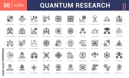 Quantum Research Icon Set. entanglement, schrodingers cat, super position, teleportation, qubit processing and more. Line Style vector icons collection.
