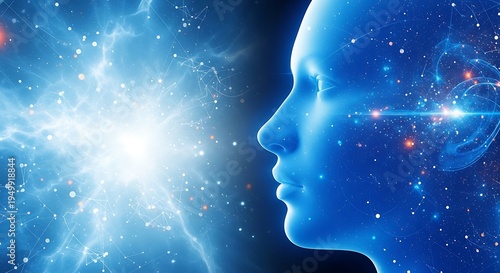 Futuristic digital profile of a human face blending with cosmic universe and glowing stars in deep space