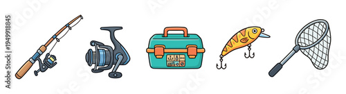 Set of colorful cartoon fishing equipment including a rod, reel, tackle box, lure, and net, illustrated in a simple hand-drawn doodle style for a recreational hobby concept