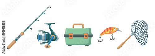 Collection of fishing equipment essentials including a spinning rod, reel, green tackle box, orange crankbait lure, and a landing net in a flat vector illustration style