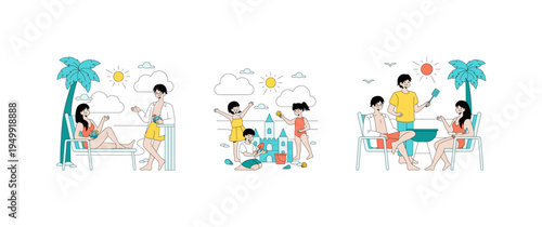 Family Beach Day Activities Vector Illustration
