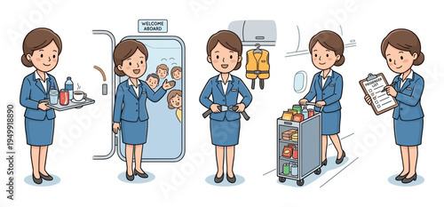Set of cartoon flight attendant character illustrations showing a woman performing duties like serving drinks, welcoming passengers, and demonstrating safety
