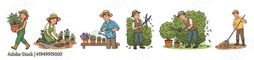 Set of hand-drawn cartoon illustrations showing happy men and women engaged in various gardening activities like planting, watering, trimming hedges, and raking leaves