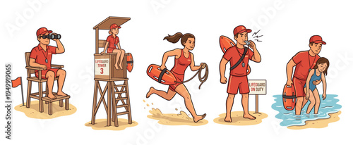Set of lifeguard character illustrations showing male and female rescuers on duty, watching from a tower, running with a buoy, blowing a whistle, and saving a child from the water