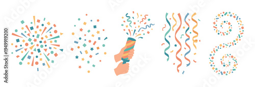Colorful set of party celebration elements including a confetti popper, streamers, and various festive shapes in a flat vector illustration style for festive occasions
