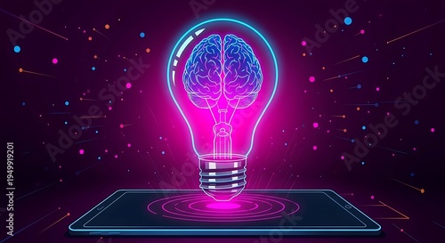 Futuristic glowing light bulb with brain illustration on digital tablet showcasing innovation and creative thinking concept