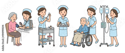 Set of cartoon nurse illustrations showing various medical duties with elderly patients, including blood pressure checks, injections, medication, and IV drips in a hospital setting