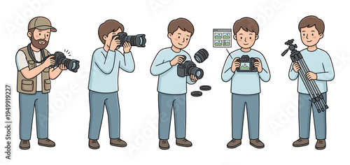 Cartoon photographer character set showing a man in different poses with a camera, including shooting, changing the lens, holding a tripod, and checking the display for pictures
