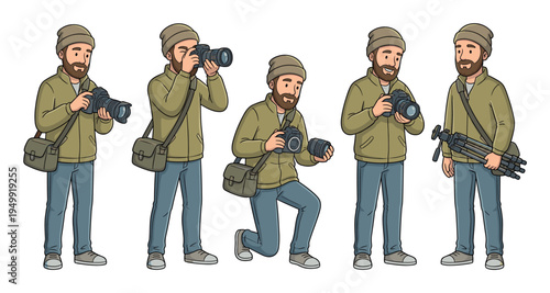 Set of cartoon photographer character illustrations featuring a bearded man in various poses with a camera, lens, and tripod, engaged in professional photography work
