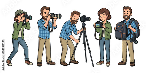 Cartoon photographer characters set in various poses with professional cameras, a tripod, and a backpack for a creative hobby or profession concept illustration